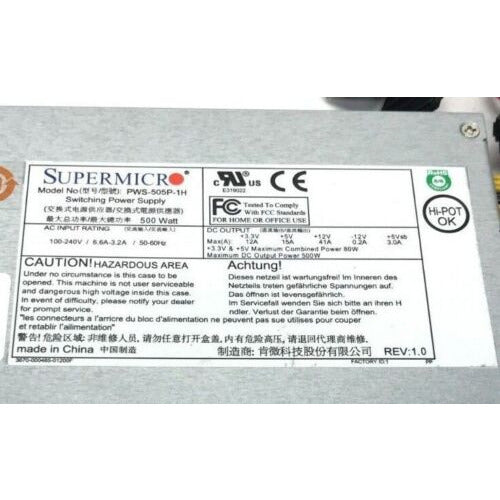 SuperMicro PWS-505P-1H Power Supply, 1U 500W Multi-output, Platinum Level