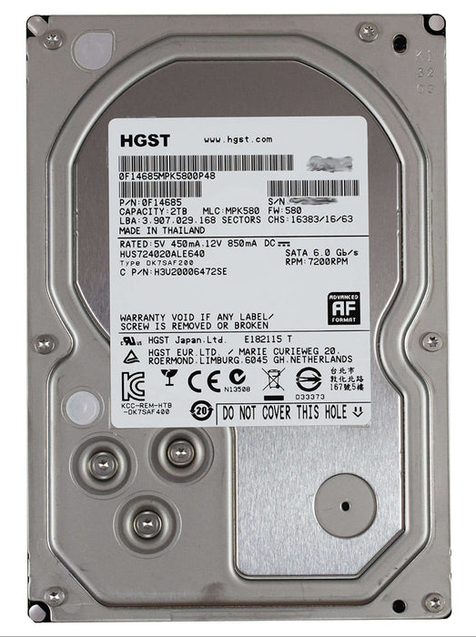 0F14685 HUS724020ALE640 HGST 2TB 7.2K RPM 6Gb/s 3.5" SATA Hard Drive