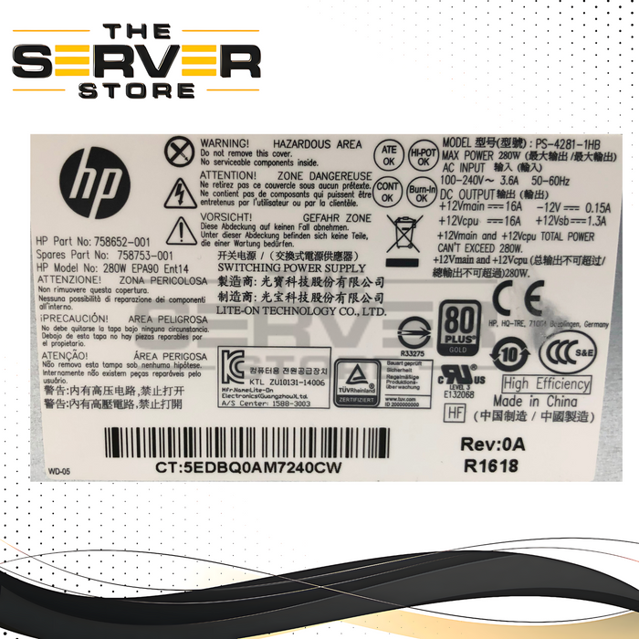 HP 280W 80+ Gold Power Supply Unit (PSU) for ProDesk 600 G1 & EliteDesk 800 G1 SFF. P/N: PS-4281-1HB, 758753-001, 758652-001.