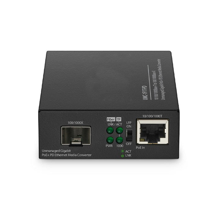1 x 10/100/1000BASE-T RJ45 to 1 x 100/1000BASE-X SFP Slot Gigabit Ethernet PoE+ PD Media Converter