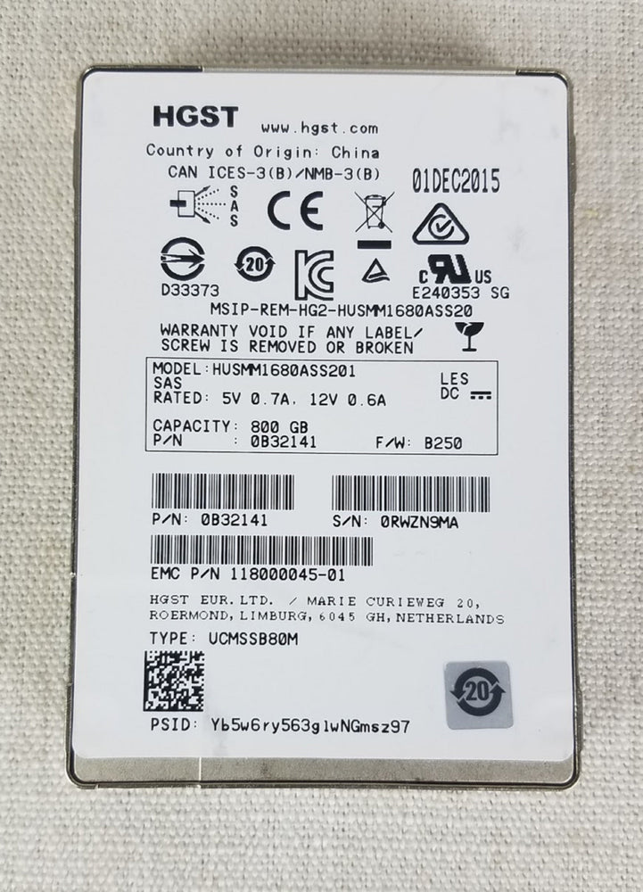 HGST 800GB SSD SAS HUSMM1680ASS205 Dell / HP - PN: 0B32141
