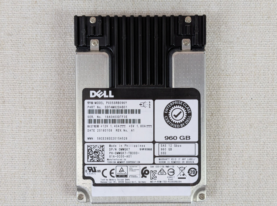Dell MWGK7 960GB 12G 2.5" SAS RI SSD Toshiba PX05SRB096Y - No Tray 60-69% health