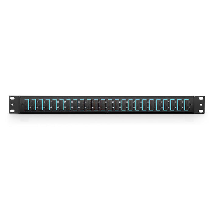 FHU 1U 19'' Fiber Adapter Panel, 48 Fibers OM4 Multimode, 24x SC UPC Duplex (Aqua) Adapter, Ceramic Sleeve