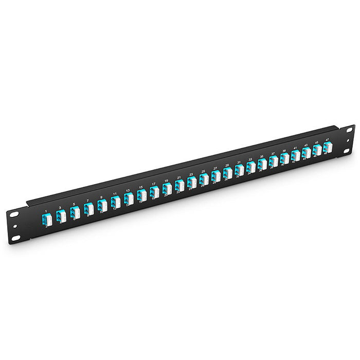 FHU 1U 19'' Fiber Adapter Panel, 48 Fibers OM4 MultiMode, 24x LC UPC Duplex (Aqua) Adapter, Ceramic Sleeve