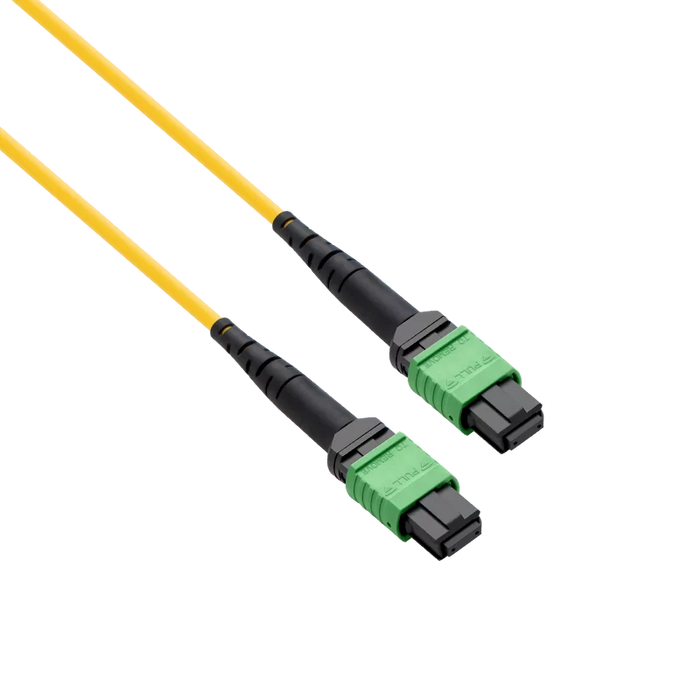 Pre-terminated MPO 2x2 Shuffle Breakout Cable, 16 Fibers, 2 x MPO-8 APC (Female) to 2 x MPO-8 APC (Female), Single Mode (OS2), Type 2, LSZH/OFNP, 0.35dB Max, Breakout 80cm, Yellow