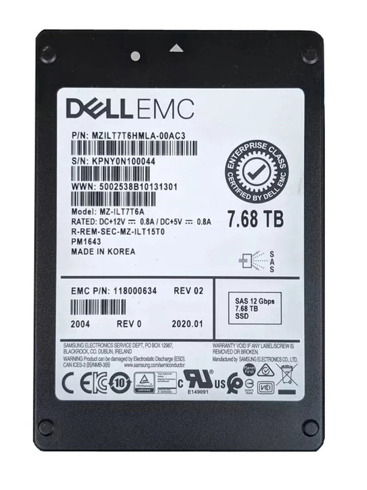 Samsung PM1643 MZILT7T6HMLA-00AC3 SSD 7.68 TB SAS 12Gb/s EMC OEM | USED