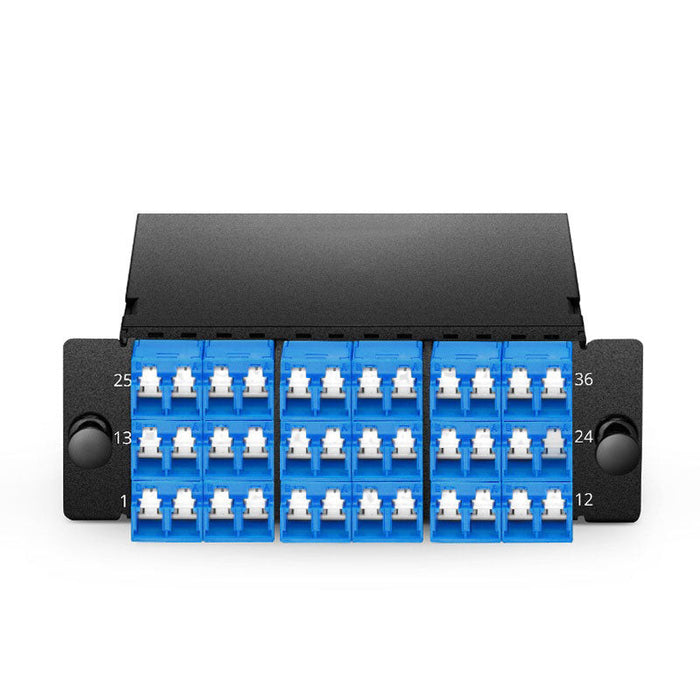 FHD MTP®-LC Cassette, OS2 Single Mode, Type A or AF, 36 Fibers, 3 x MTP®-12 (Male) to 18 x Shuttered LC Duplex (Blue), 0.35dB max