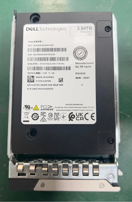Dell J4TDK 3.84TB PCIe Gen4 NVMe RI U.2 2.5in SSD with Carrier | USED