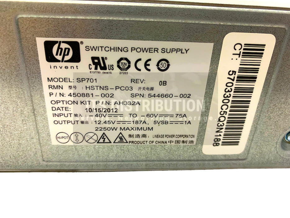 544660-002 I HP c7000 Enclosure 2250W Hot-Plug -48V DC Power Supply