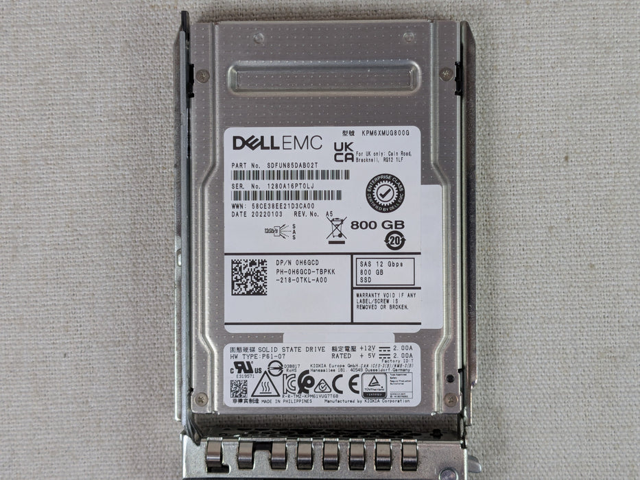 Dell H6GCD 800GB 12Gb/s 2.5" SAS Write-Intensive SSD KPM6XMUG800G w/ 14G Tray