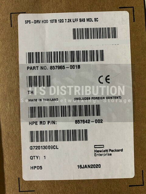 857644-B21 I New Sealed HPE 10TB SAS 7200 RPM LFF 12G 512E SC HDD 857965-001