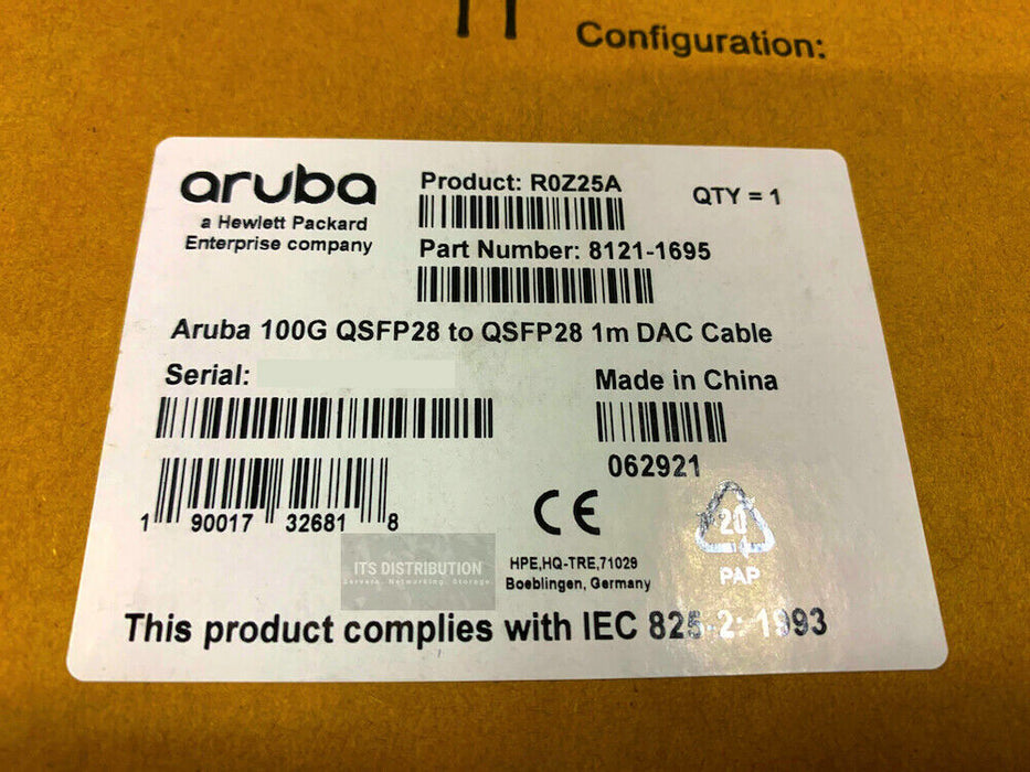 R0Z25A I Genuine New HPE Aruba 100G QSFP28 to QSFP28 1M DAC Cable 8121-1695