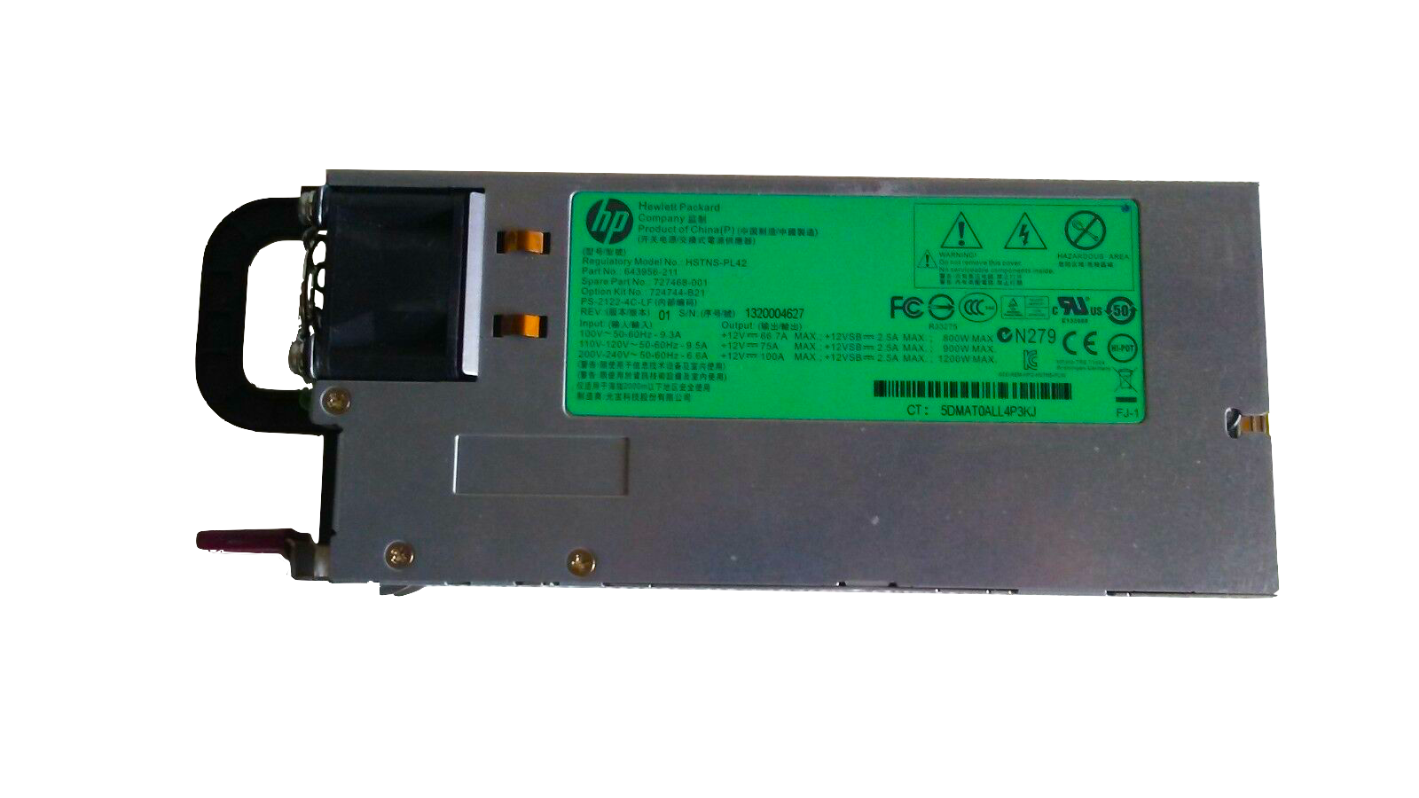 727468-001 I HP 1200W Hot Plug 1U 12V Platinum Plus Power Supply PSU