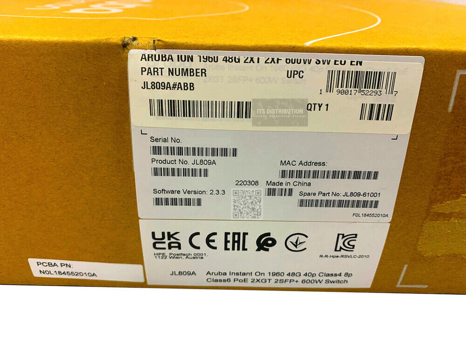 JL809A I New HPE Aruba IOn 1960 48G 40p Class4 8p CL6 PoE 2XGT 2SFP+ 600W Switch