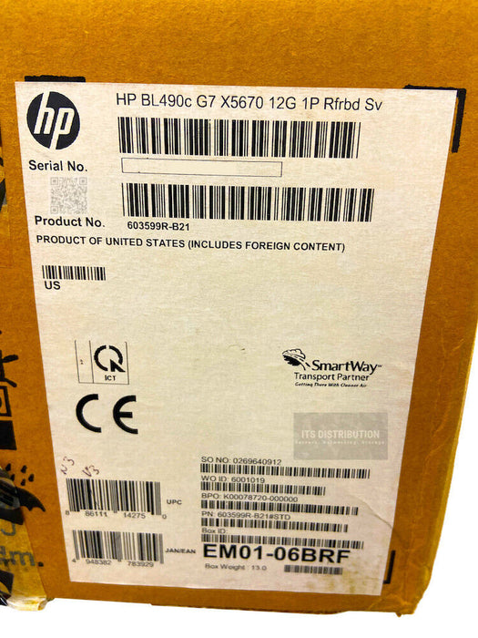 603599-B21 I Open Box Renew HP ProLiant BL490c G7 X5670 12G 1P Blade Server