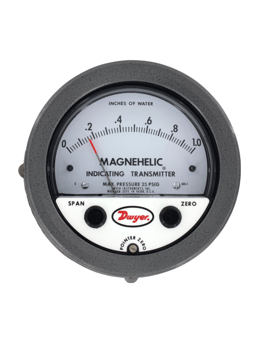 605-3 | Differential pressure indicating transmitter | range 0-3.0" w.c. | max. pressure 2 psi (13.79 kPa) | ±0.5% electrical accuracy | ±2% mechanical accuracy. | Dwyer