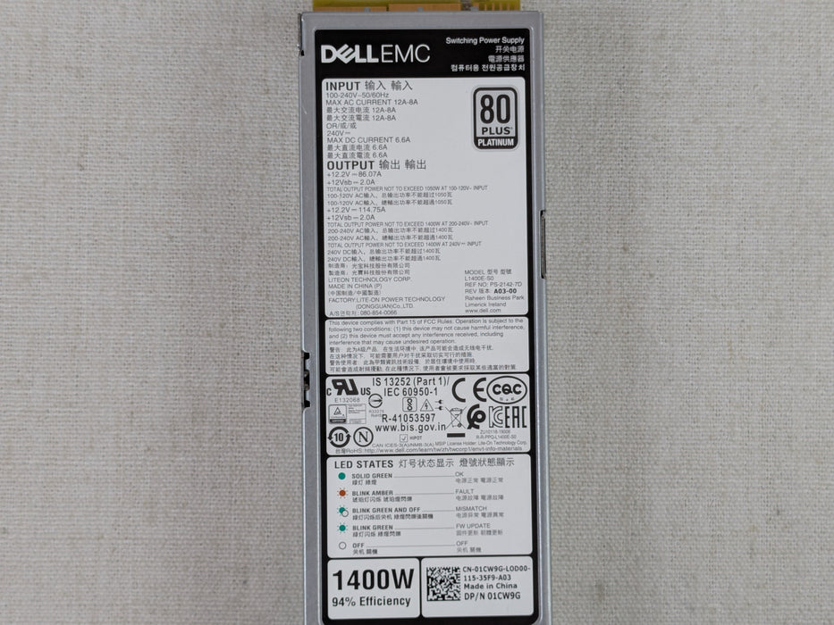 Dell 1CW9G 1400W Platinum Mixed Mode Power Supply Module R650 R750 R660 R760