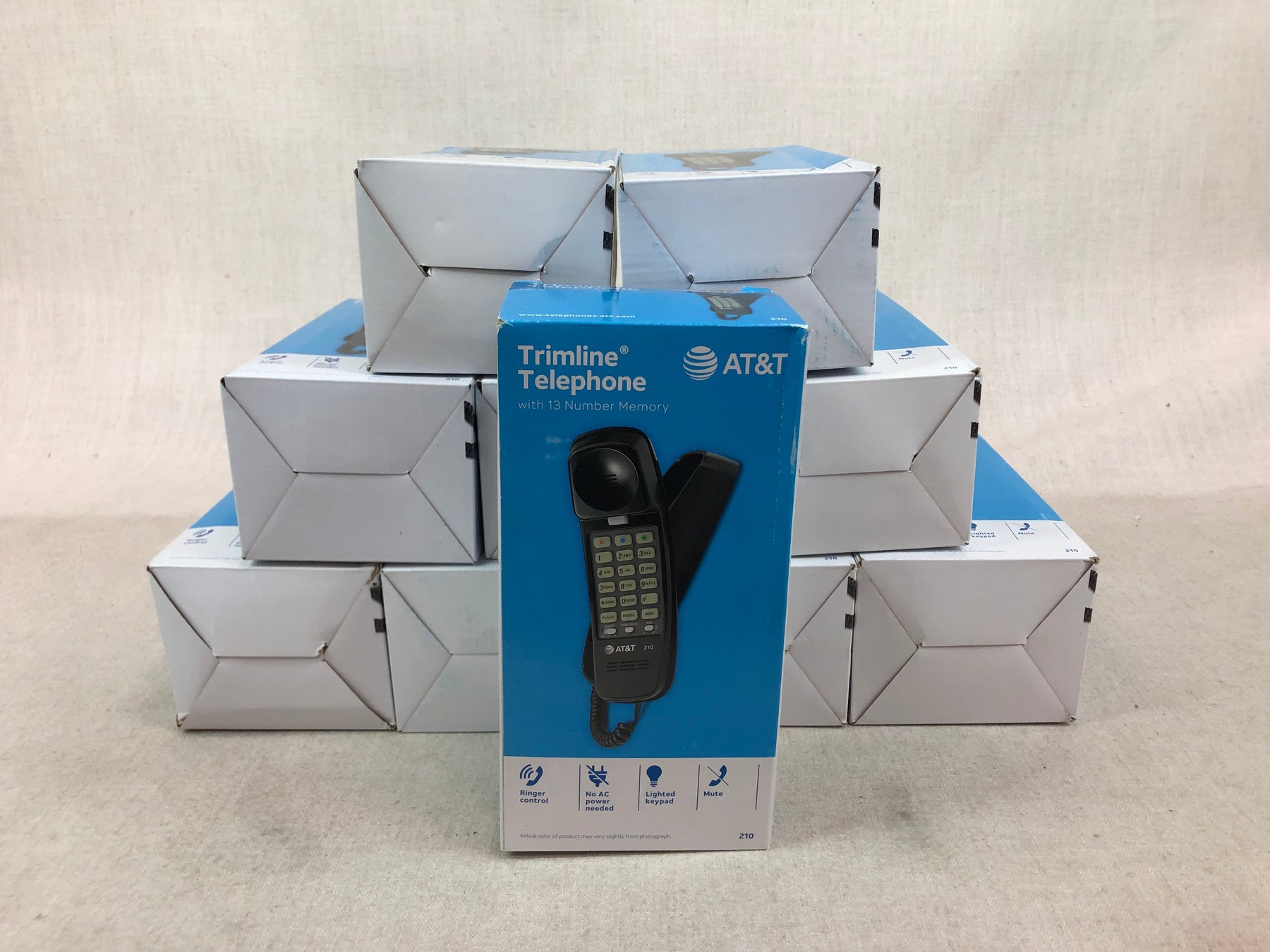 Lot of 10 New Open Box AT&T Trimline Telephone, 210, black, 13 number memory
