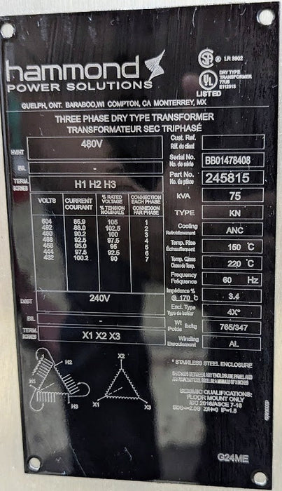 Hammond Power Solutions Three Phase 480v Transformer | 75 kVA| | Never Used