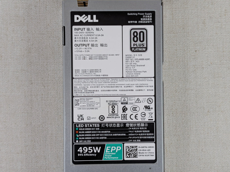 Dell GRTNK 495W 80 Plus Platinum Power Supply 13G/14G