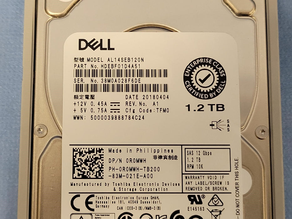 Dell R0MWH Toshiba 1.2TB 10k 12Gb/s 2.5” SAS Hard Drive AL14SEB120N w/ Tray