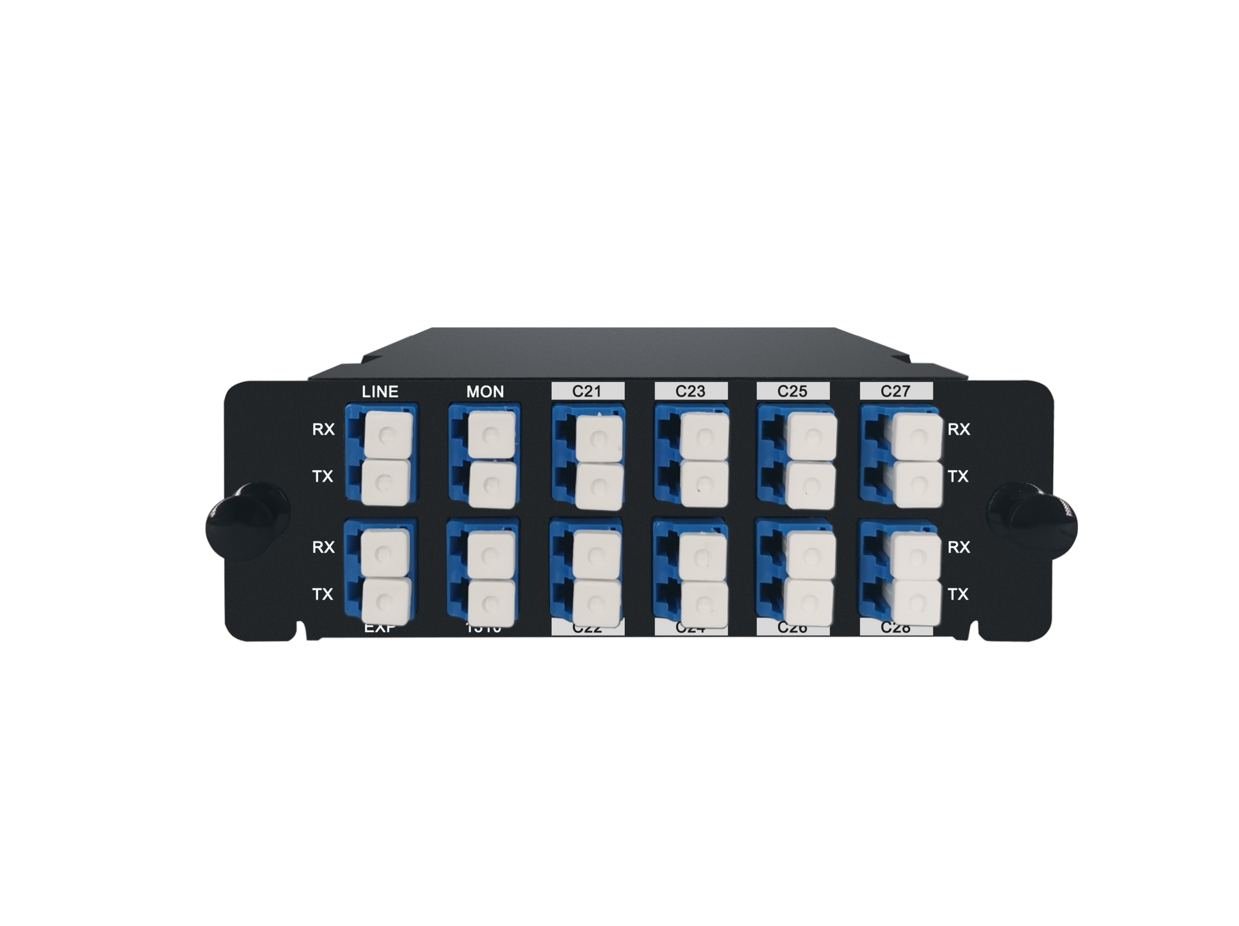 8 Channels DWDM Mux Demux, 100GHz C21-C28, with EXP & Mon and 1310nm Port, 2.4dB Typical IL, LC/UPC, Dual Fiber, High Density, FHD Plug-in Module