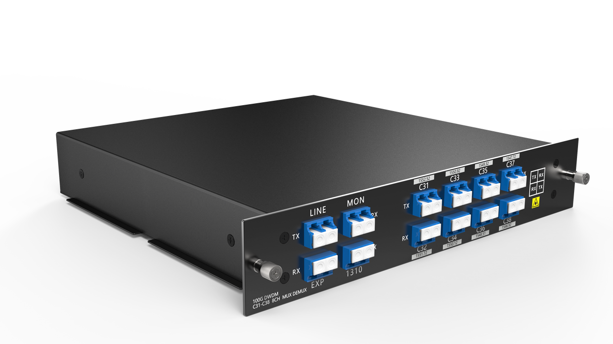 8 Channels DWDM Mux Demux, 100GHz C53-C60, with Monitor, Expansion and 1310nm Port, 2.4dB Typical IL, LC/UPC, Dual Fiber, FMU Plug-in Module, CWDM/DWDM Hybrid Solution