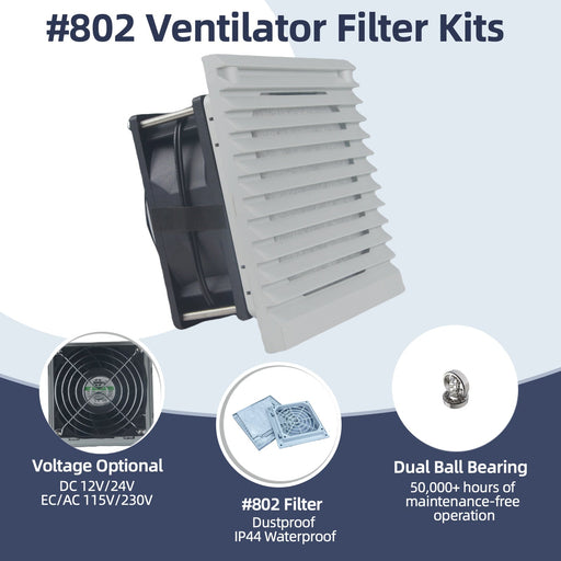 802 Series IP44 Industrial Ventilation Fan with Louvre Filter Kit 92x92x38mm Multi-Voltage