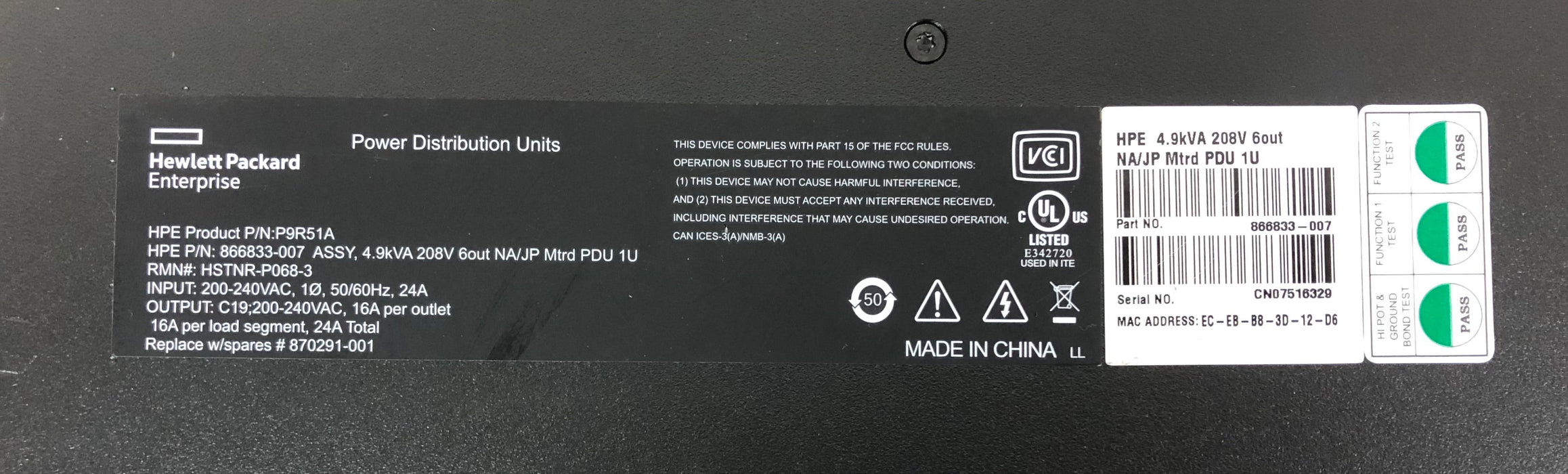 HP P9R51A G2 Metered 6-Outlet IEC C19 1U Horizontal PDU 4.9kVA 208V L6-30P