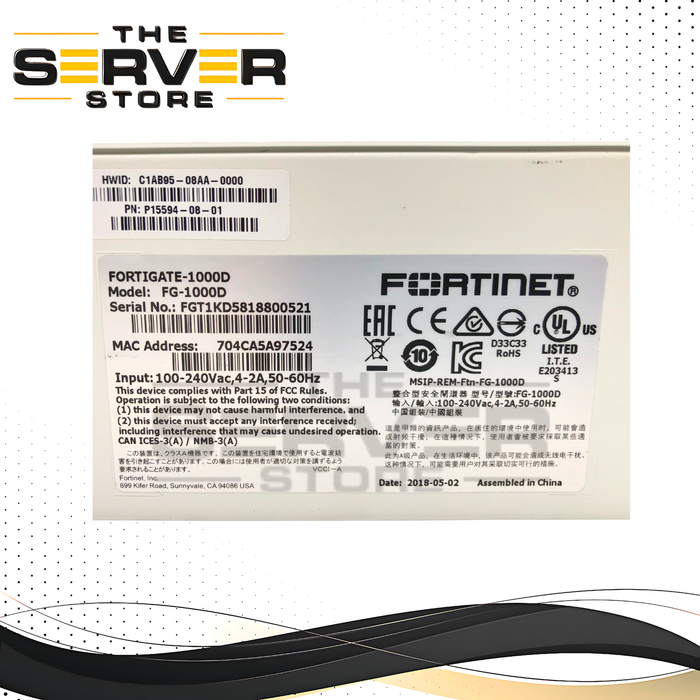 Fortinet FortiGate-1000D 2U Rackmount Network Security Firewall Appliance. Featuring 2x GE RJ45 Management Ports, 16x GE SFP Slots, 16x GE RJ45 Ports, 2x 10GE SFP+ Slots. P/N: FG-1000D.