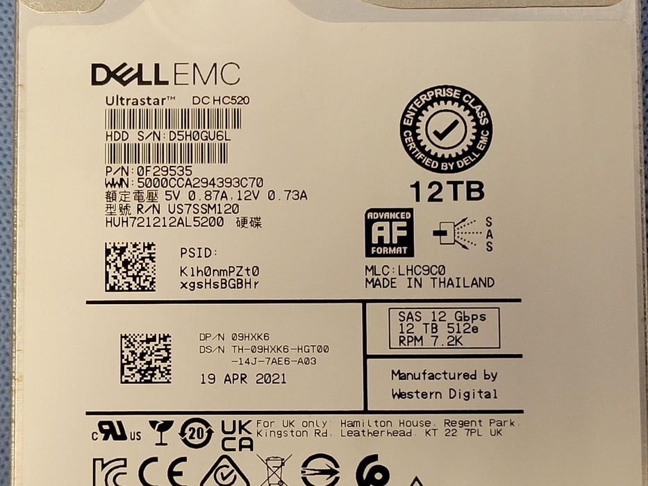 Dell 9HXK6 12TB 7.2k 12Gb/s 3.5” SAS 512e AF Hard Drive HUH721212AL5200