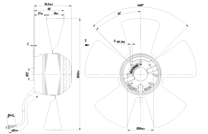 A2E250-AE65-02 Ebmpapst Axial Fan 230V 130/160W 0.57/0.7A 2300/2500rpm