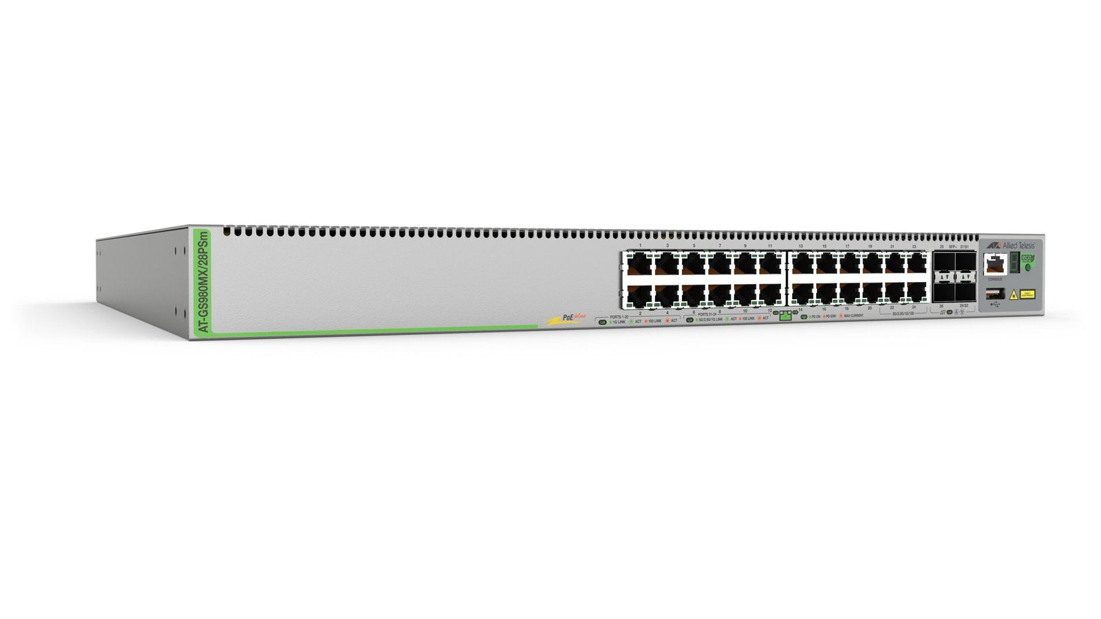 Allied Telesis CentreCOM 24-Port PoE+ Managed Network Switch - AT-GS980MX/28PSM-10