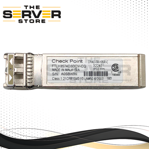 Check Point 10GBase-SR 1G/10G Dual Rate SFP+ 850nm Transceiver. P/N: FTLX8574D3BCV-CQ.