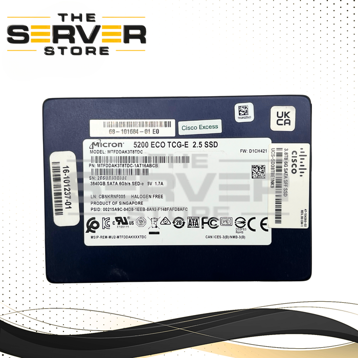 Cisco 3.84TB SATA 6G EV SFF 2.5" SED SSD Micron 5200 ECO TCG-E Series 16-101237-01 68-101684-01 UCS-SD38TBE1NK9