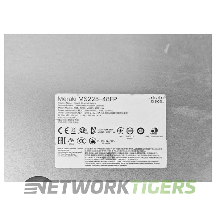 Cisco Meraki MS225-48FP-HW 48x 1GB PoE+ RJ45 4x 10GB SFP+ Unclaimed Switch