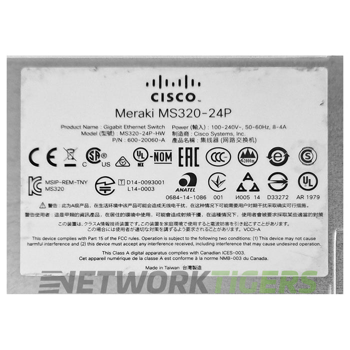 Cisco Meraki MS320-24P-HW 24x 1GB PoE+ RJ45 4x 10GB SFP+ Unclaimed Switch