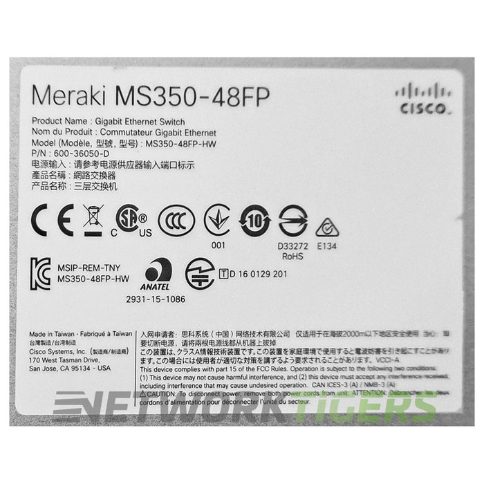 Cisco Meraki MS350-48FP-HW 48x 1GB PoE+ RJ45 4x 10GB SFP Unclaimed Switch
