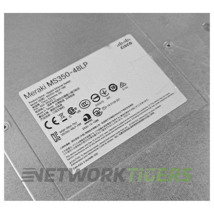 Cisco Meraki MS350-48LP-HW 48x 1GB PoE+ RJ45 4x 10GB SFP Unclaimed Switch