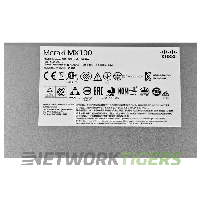 Cisco Meraki MX100-HW 750 Mbps 8x 1GB RJ45 2x 1GB SFP LAN Unclaimed Firewall
