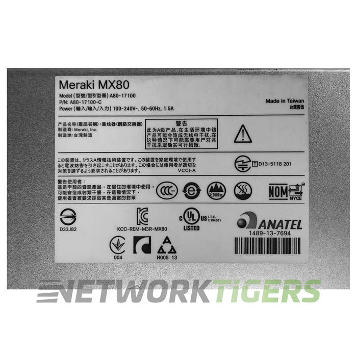 Cisco Meraki MX80-HW MX Series 250 Mbps 5x 1GB RJ45 Unclaimed Firewall