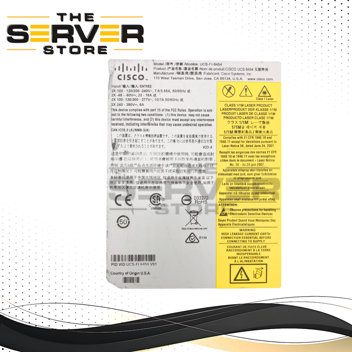 Cisco UCS 6454 54-Port Fabric Interconnect with Back-to-Front Airflow and Dual Power Supply Units (PSUs). P/N: UCS-FI-6454.