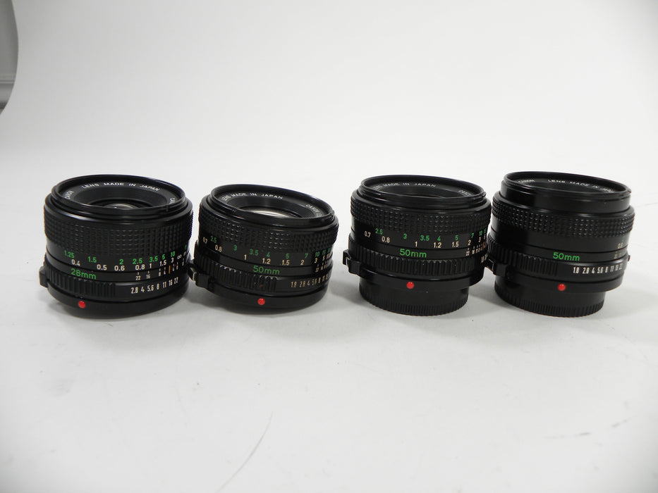 Canon FD 50mm f1.8 & 28mm f2.8 lot of 4 AS IS NO RETURNS!! (parts or repair)