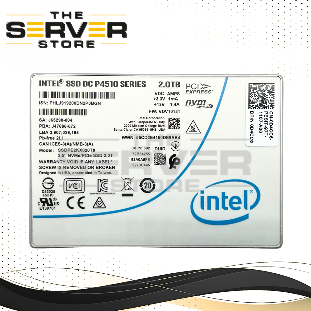 Dell 2TB NVMe x4 U.2 PCIe 3.0 2.5" SSD Intel DC P4510 SSDPE2KX020T8 0D4CC6 D4CC6