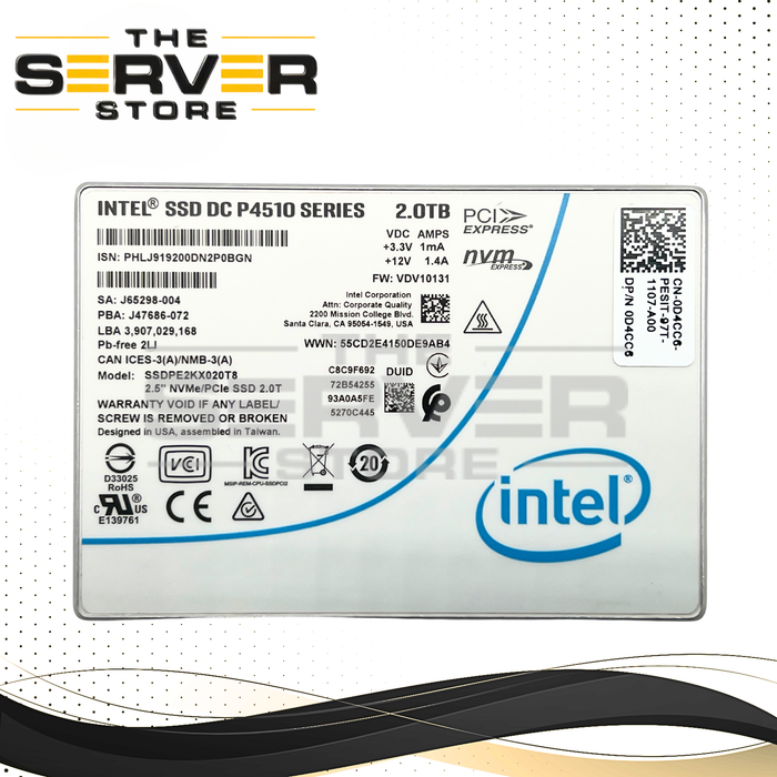 Dell 2TB NVMe x4 U.2 PCIe 3.0 2.5" SSD Intel DC P4510 SSDPE2KX020T8 0D4CC6 D4CC6
