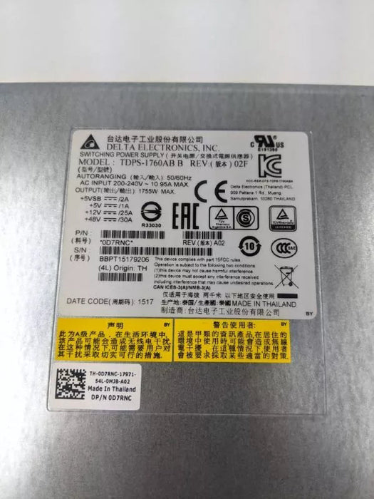 Dell D7RNC PowerVault 1755W AC Power Supply for MD3060 MD3660F Dell