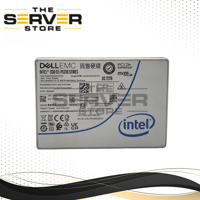 Dell EMC 30.72TB NVMe U.2 G4 x4 RI SED SFF 2.5" SSD Intel D5-P5316 00D4GH 0D4GH