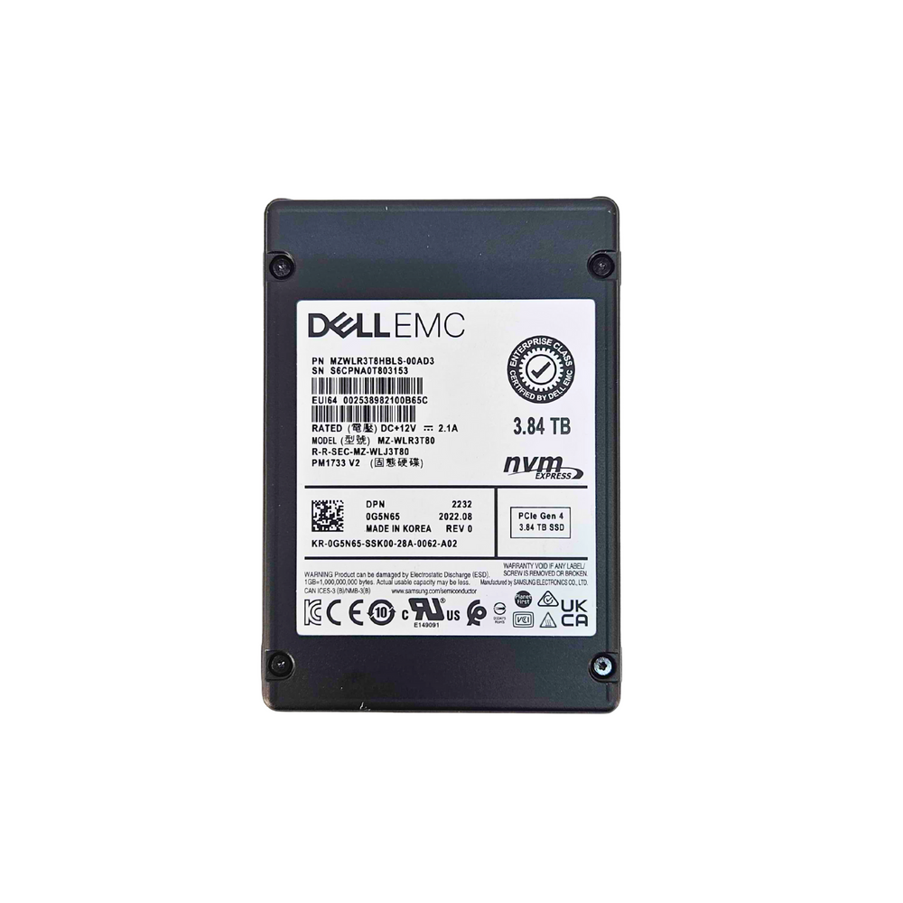 Dell EMC 3.84TB NVME U.2 PCIe Gen 4.0 x4 RI SFF 2.5" SSD Samsung PM1733 V2 Series MZ-WLR3T80 0G5N65 G5N65