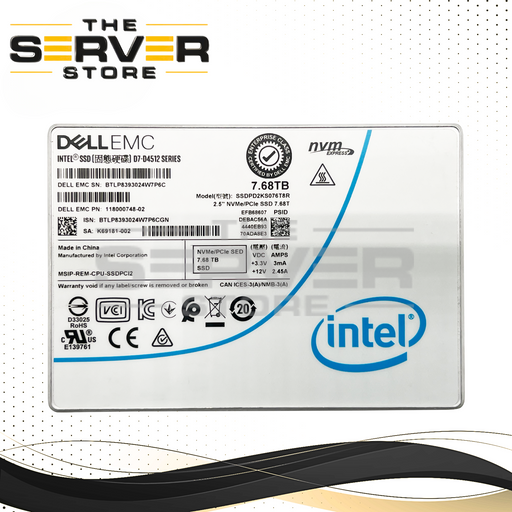 Dell EMC 7.68TB NVMe U.2 PCIe Gen 3.0 x4 RI SFF 2.5" SED SSD Intel D7-D4512 SSDPD2KS076T8R 118000748-02