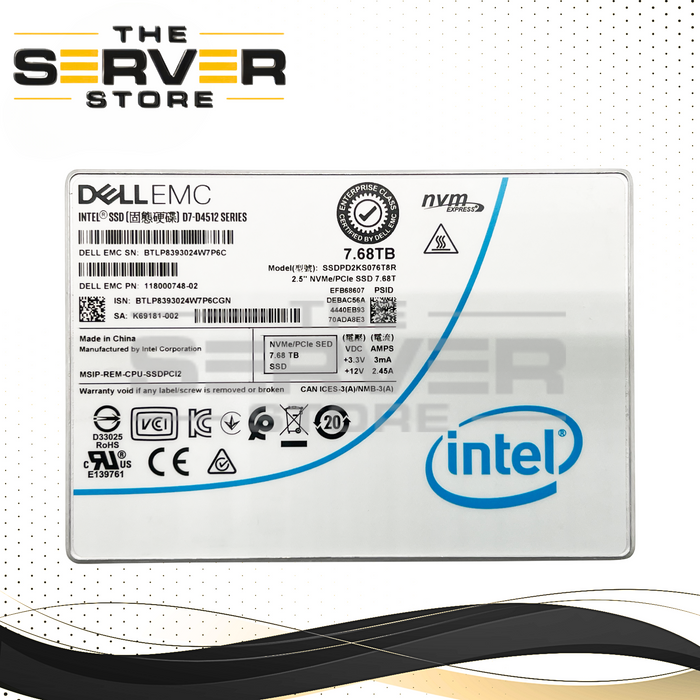 Dell EMC 7.68TB NVMe U.2 PCIe Gen 3.0 x4 RI SFF 2.5" SED SSD Intel D7-D4512 SSDPD2KS076T8R 118000748-02
